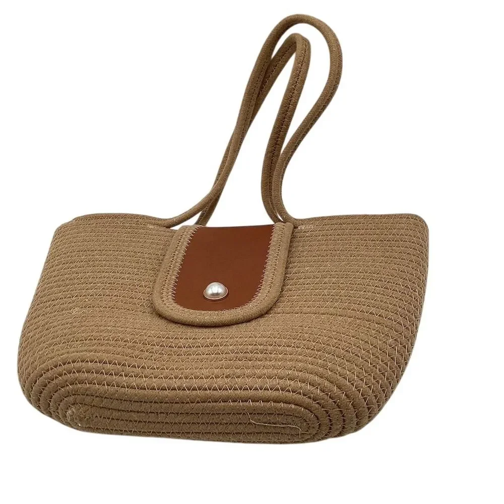 Handmade Woven Tote Bag Large Brown Cotton Rope Bucket Handbag‎